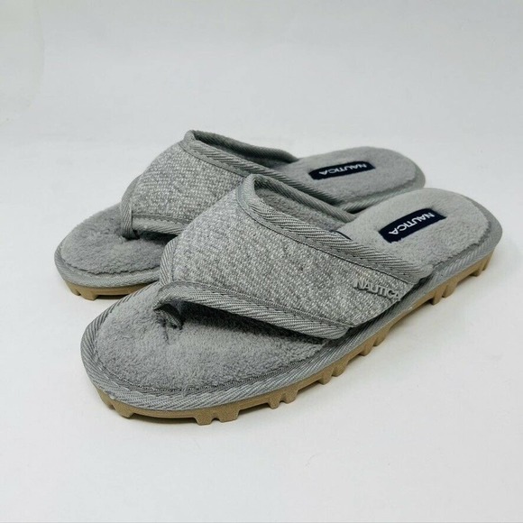 New Nautica Womans Sz 9M Fuzzy Faux Fur Gray Slip-On Slippers Hard Bottoms NWT - Picture 5 of 8